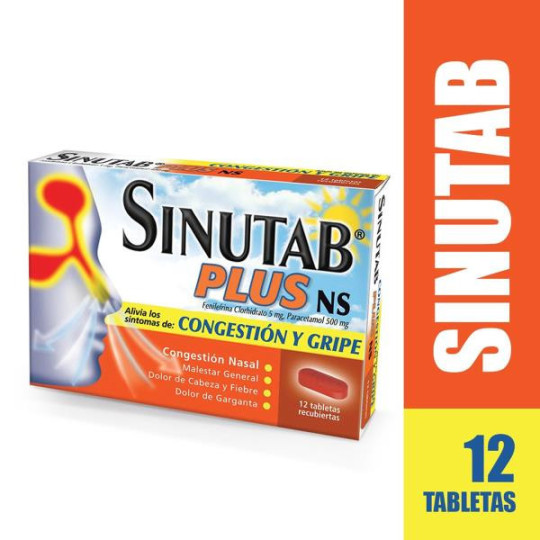 SINUTAB PLUS NS 12 TABLETAS ACETAMINOFEN-FENILEFRINA