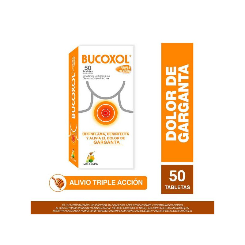 BUCOXOL TRIPLE ACCION MIEL LIMON 50 TBS BENCIDAMINA-CETILPIR BUCOXOL TRIPLE ACCION MIEL LIMON 50 TBS BENCIDAMINA-CETILPIR
